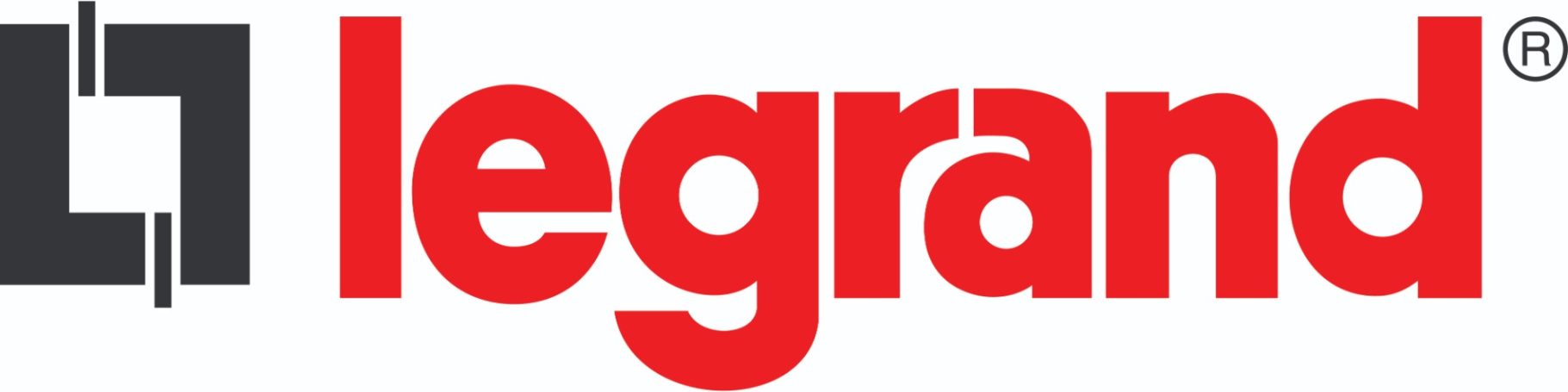 Logo de Legrand, texte en rouge et noir, représentant une entreprise d'équipements électriques.